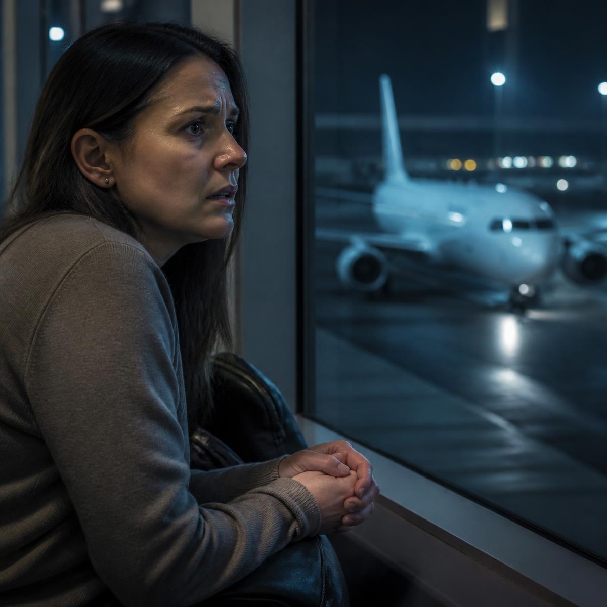 Passageira ansiosa aguardando o voo no aeroporto